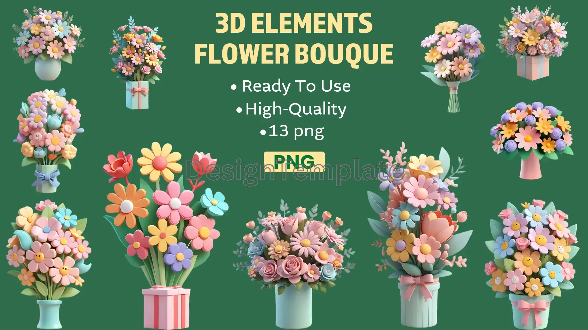 Colorful 3D Flower Bouquet Icons Pack